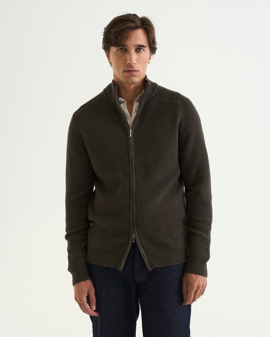 Oscar merino rib full zip olive green