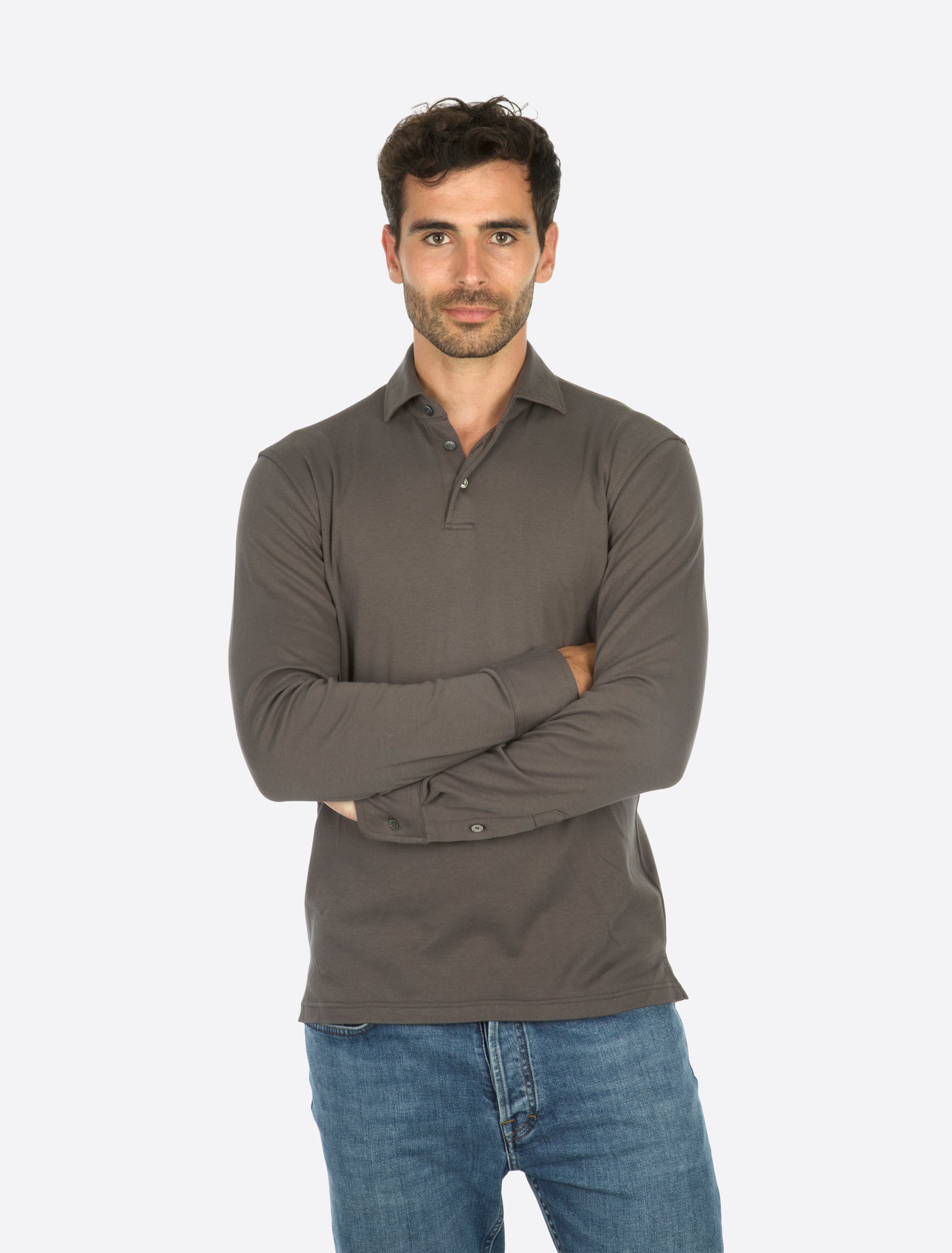 Theo Jersey Cotton Long Sleeve Polo Dark Grey