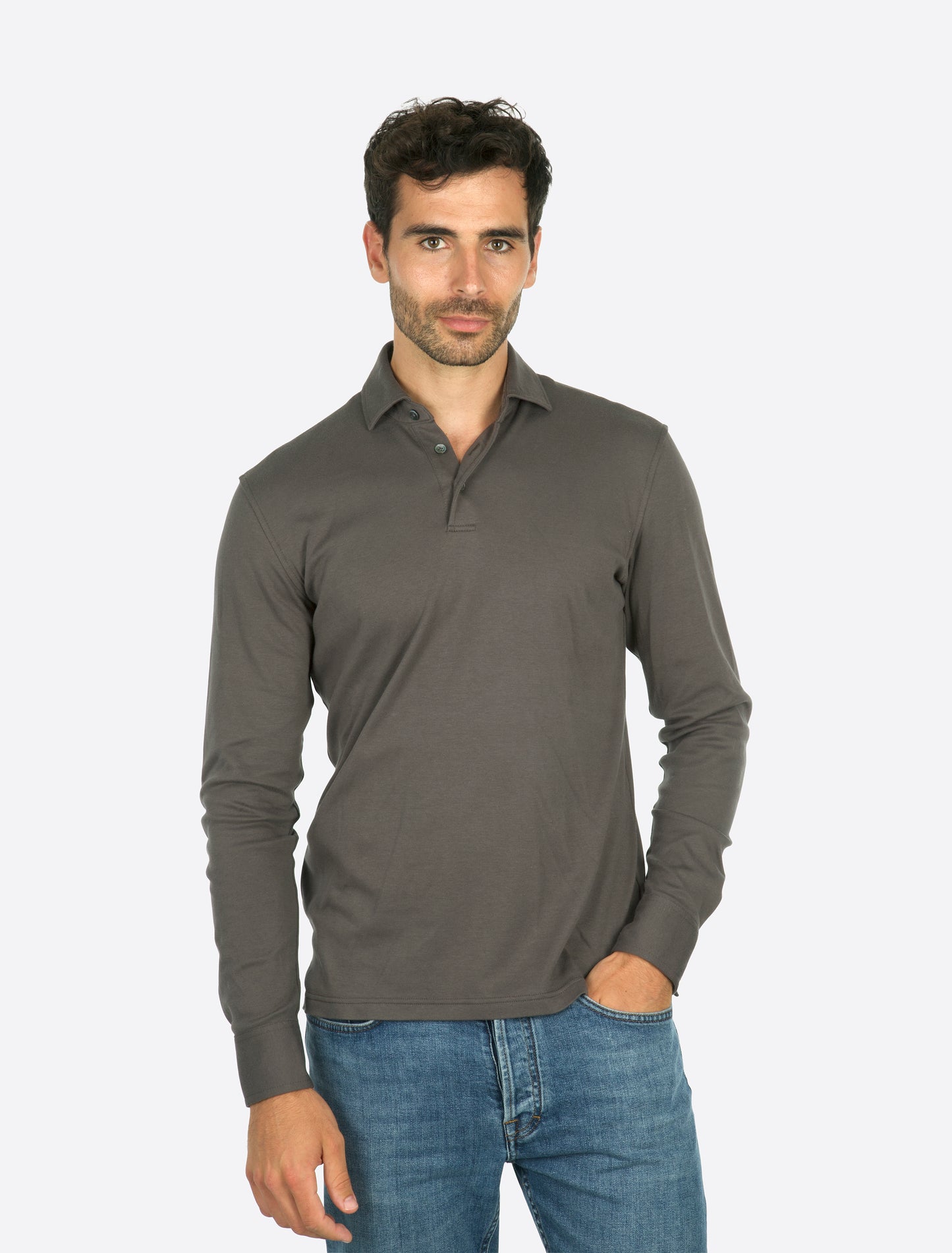 Theo Jersey Cotton Long Sleeve Polo Dark Grey
