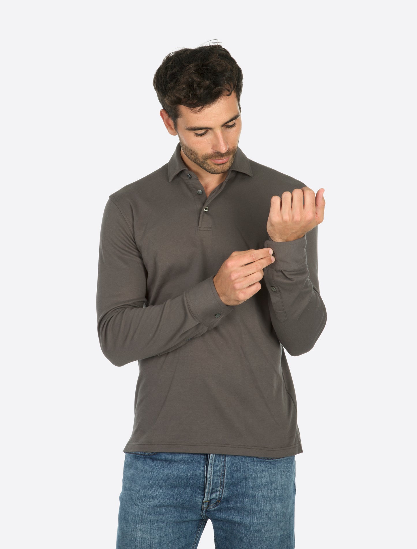 Theo Jersey Cotton Long Sleeve Polo Dark Grey