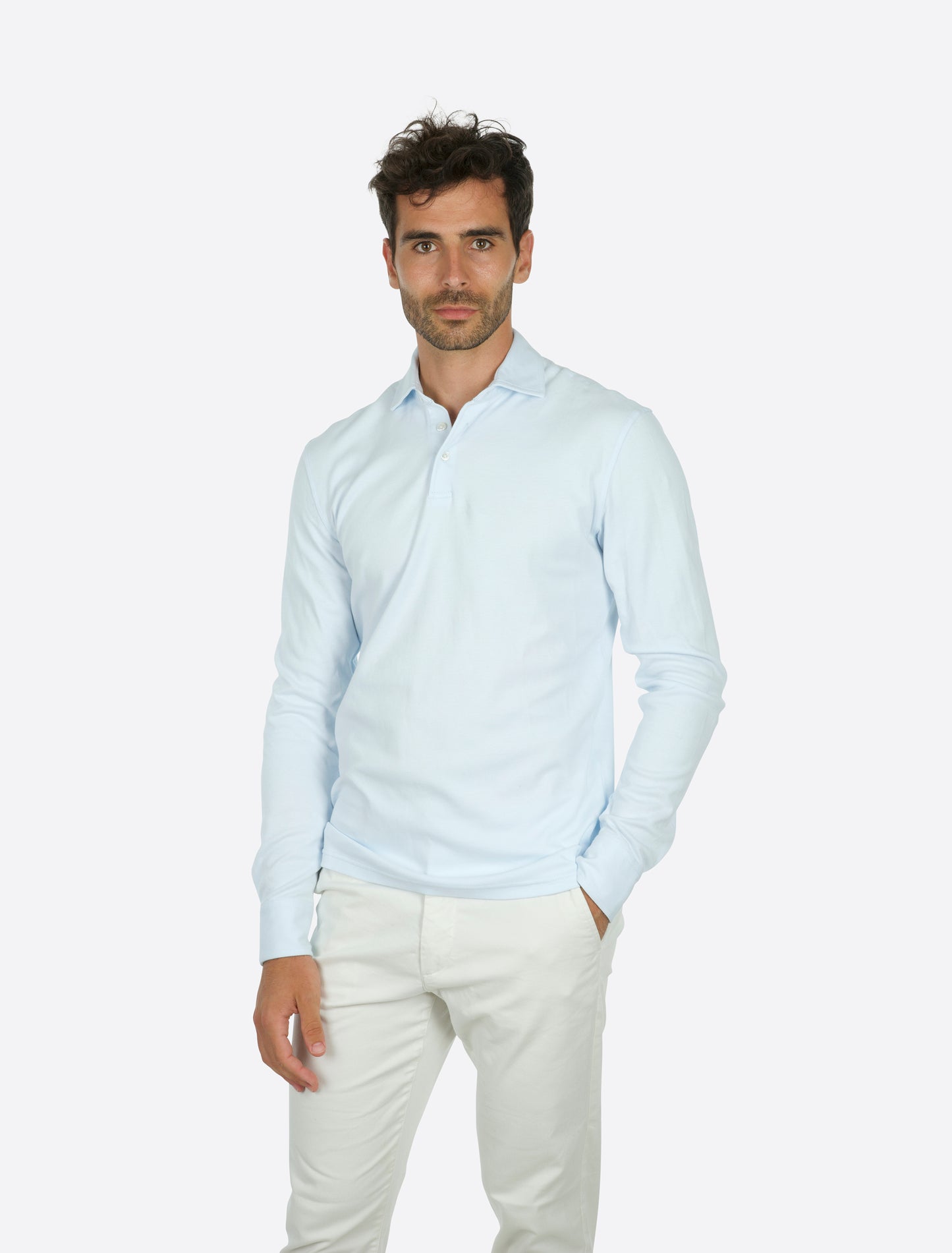 Theo Jersey Cotton Long Sleeve Polo Light blue