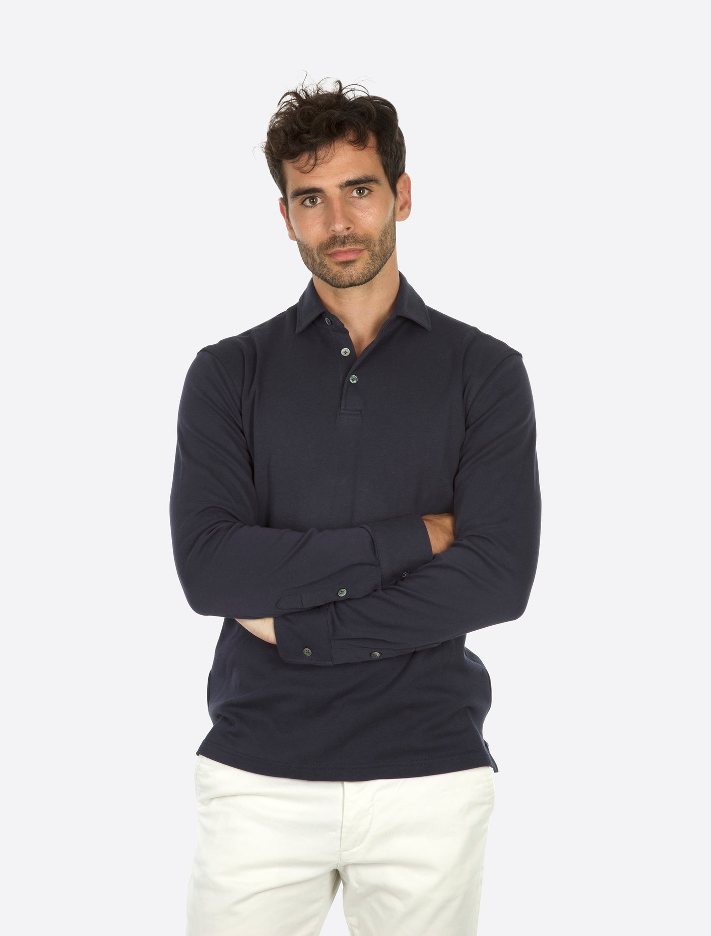 Theo Jersey Cotton Long Sleeve Polo Navy