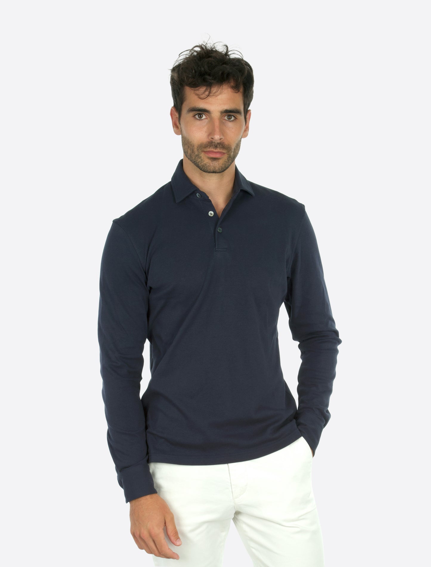 Theo Jersey Cotton Long Sleeve Polo Navy