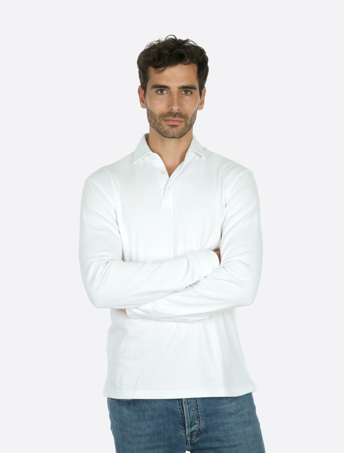 Theo Jersey Cotton Long Sleeve Polo White