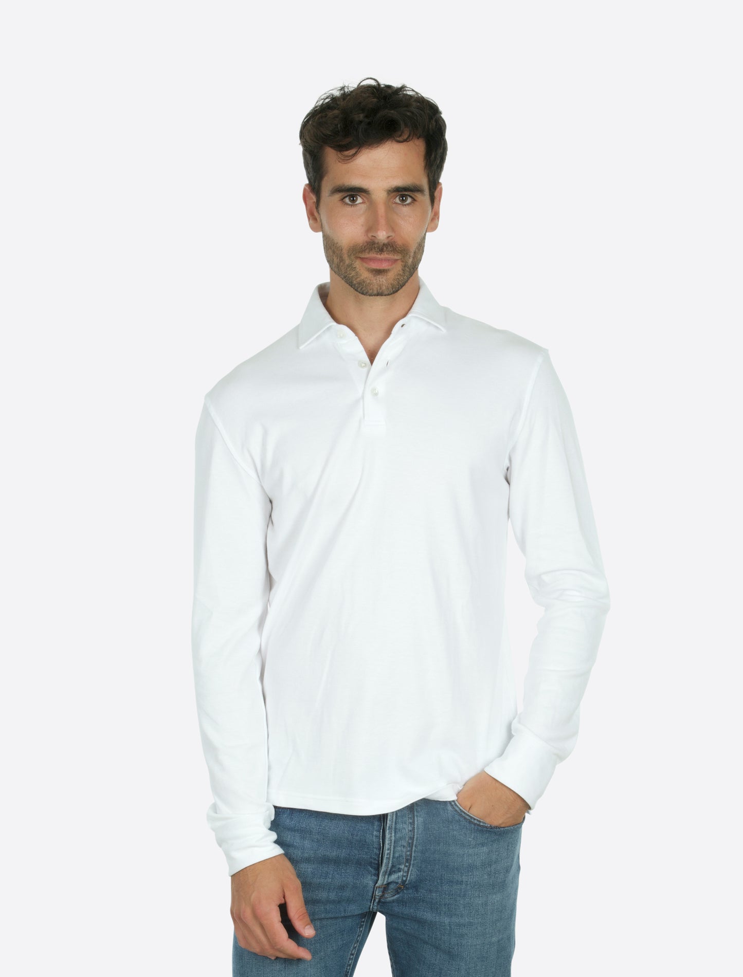 Theo Jersey Cotton Long Sleeve Polo White