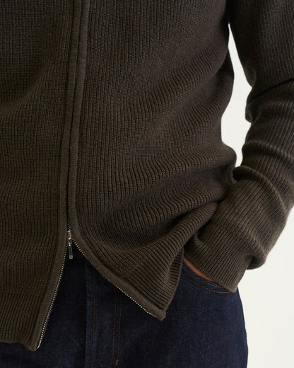 Oscar merino rib full zip olive green