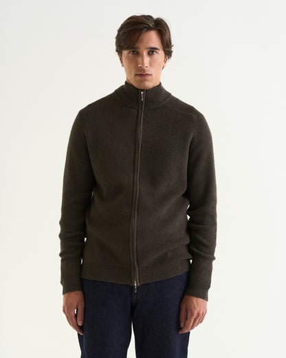 Oscar merino rib full zip olive green