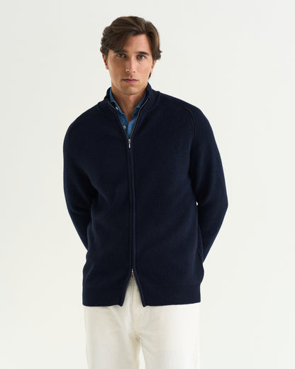 Oscar merino rib full zip navy