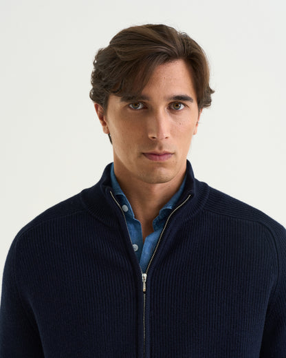 Oscar merino rib full zip navy