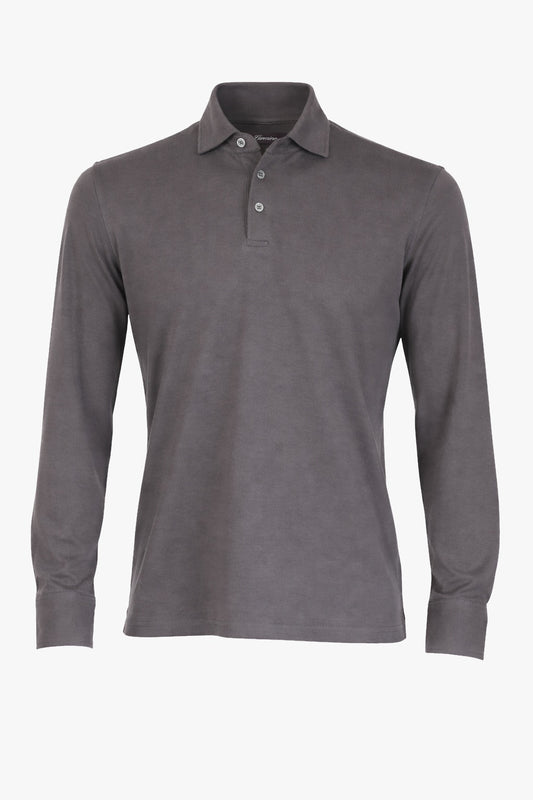 Theo Jersey Cotton Long Sleeve Polo Dark Grey